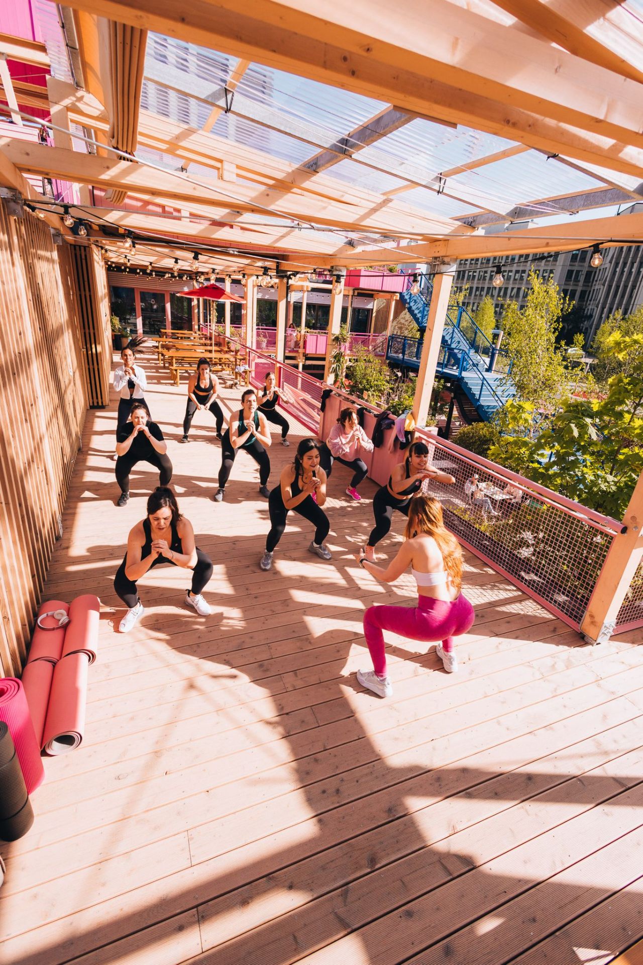 Rooftop yoga deck overlooking Zürich